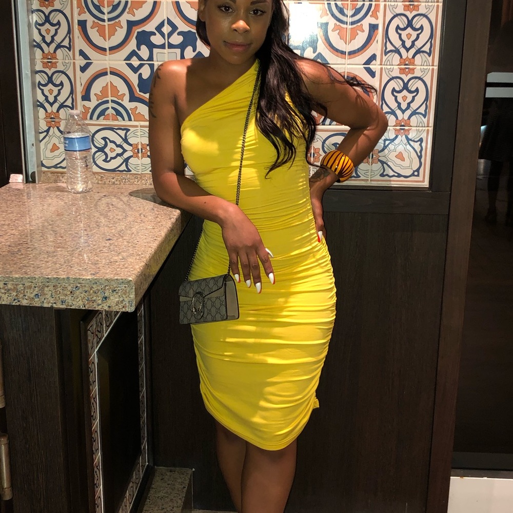 Ruched one shoulder midi dress